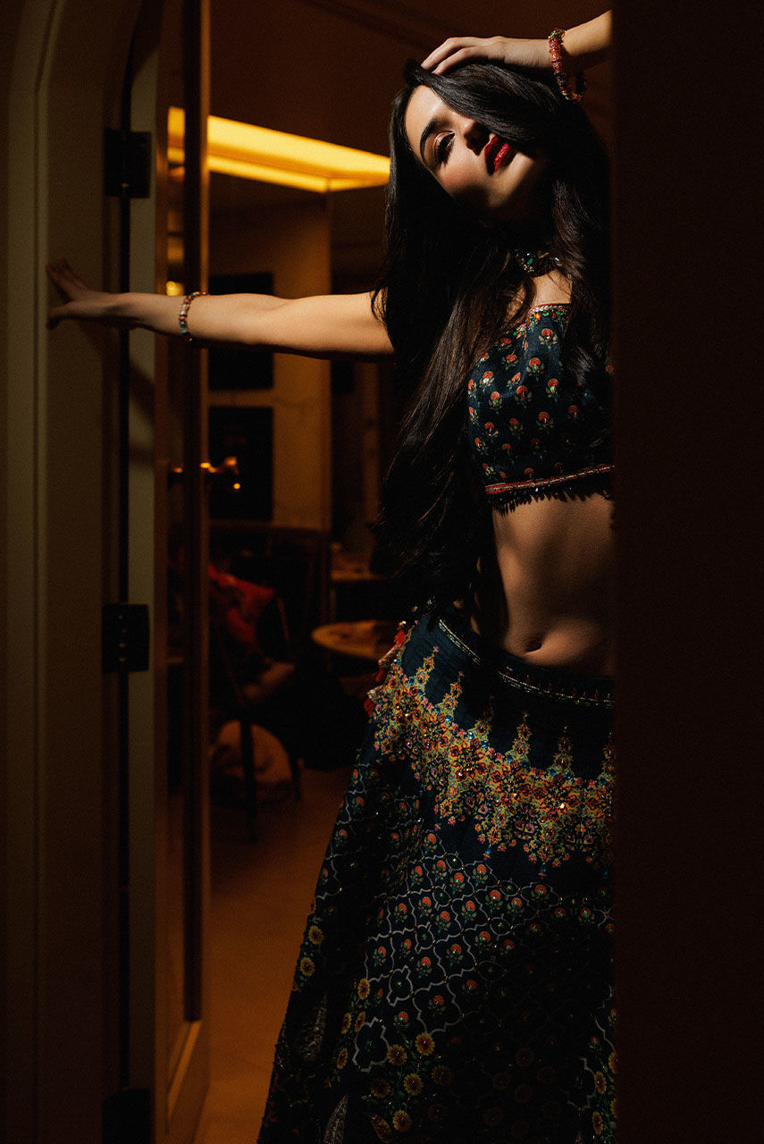 Pakistani Multihued Embroidered Satin-Silk Lehnga Choli (2-Piece) - Image 6