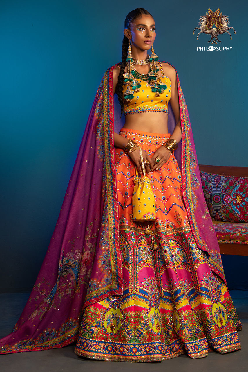 Pakistani Multicolour Mirror Work Silk-Blend Lehenga Choli (3-Piece) - Image 1