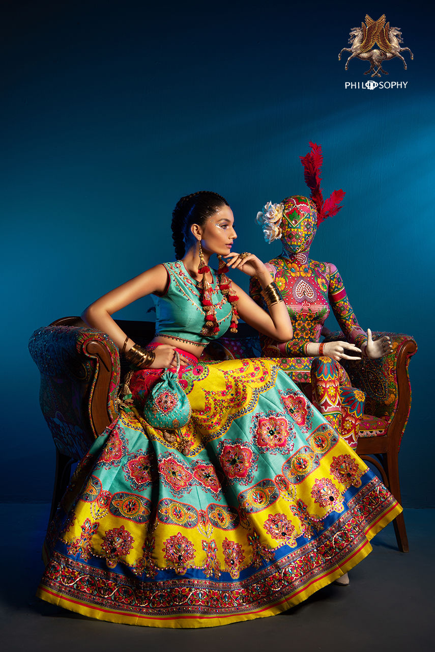 Multicolour Embellished Silk-Blend Lehenga Choli (3-Piece) - Image 2