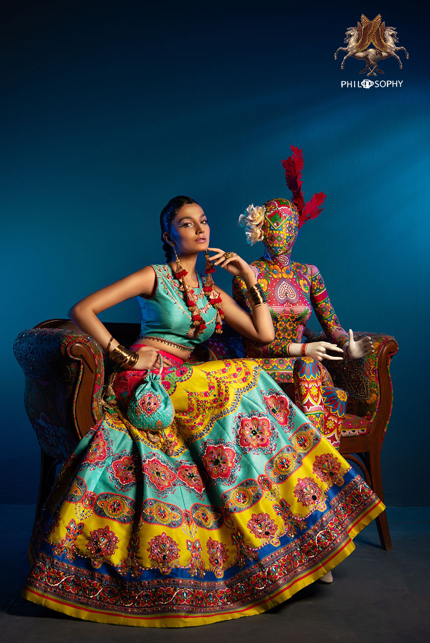 Multicolour Embellished Silk-Blend Lehenga Choli (3-Piece) - Image 3