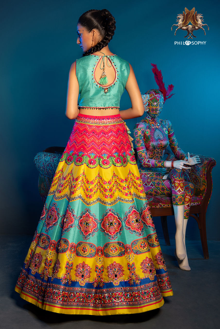 Multicolour Embellished Silk-Blend Lehenga Choli (3-Piece) - Image 6