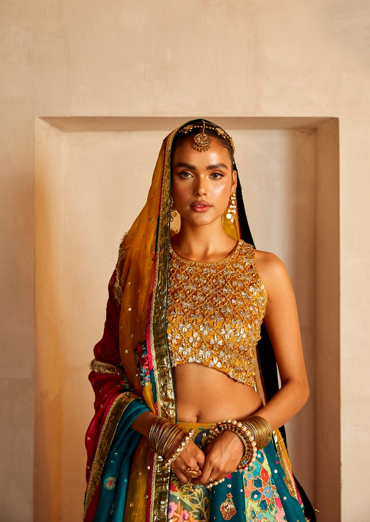 Pakistani Multicolour Gota & Hand Embroidered Silk Lehenga Choli (3-Piece) - Image 1