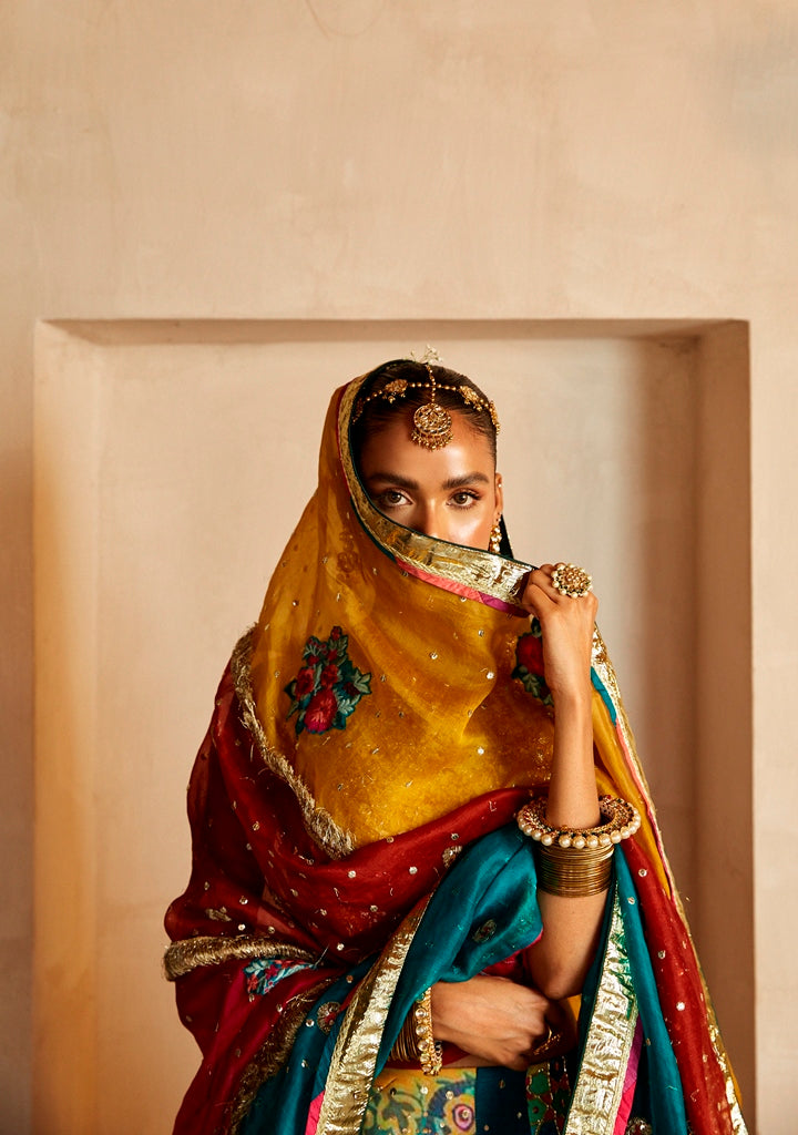 Pakistani Multicolour Gota & Hand Embroidered Silk Lehenga Choli (3-Piece) - Image 2
