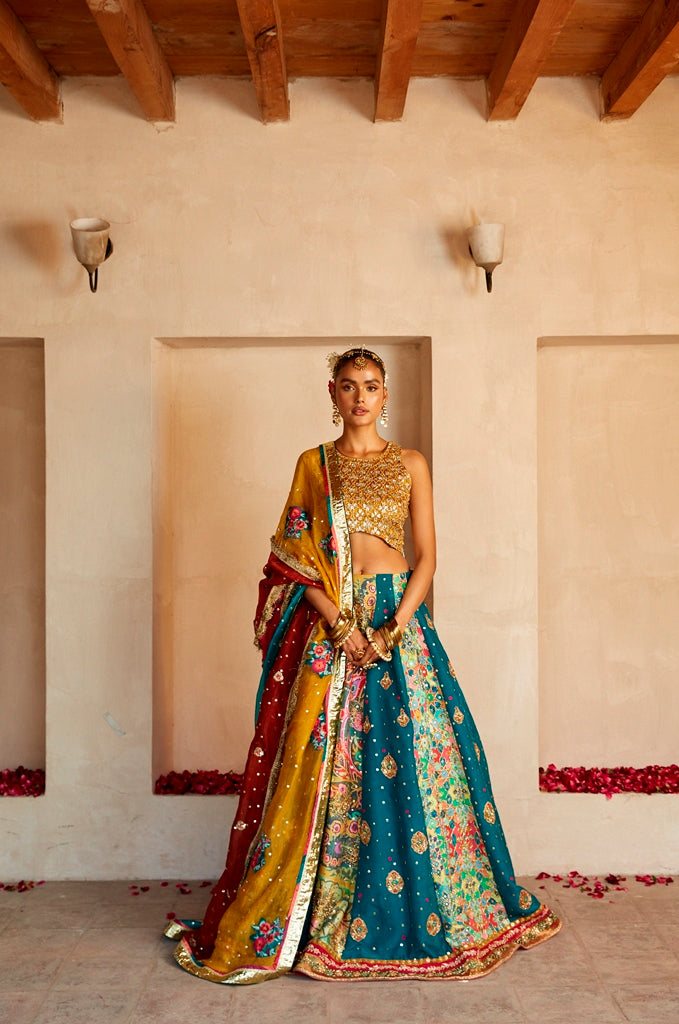 Pakistani Multicolour Gota & Hand Embroidered Silk Lehenga Choli (3-Piece) - Image 3