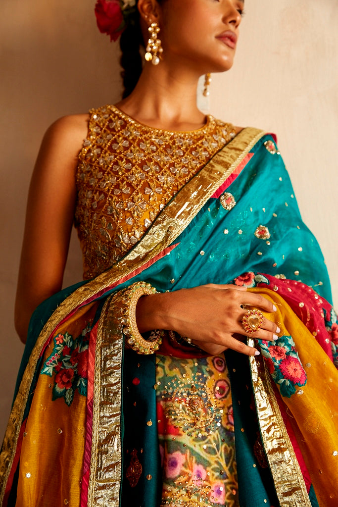 Pakistani Multicolour Gota & Hand Embroidered Silk Lehenga Choli (3-Piece) - Image 4