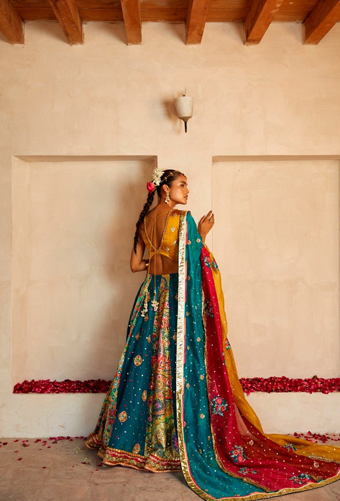 Pakistani Multicolour Gota & Hand Embroidered Silk Lehenga Choli (3-Piece) - Image 5