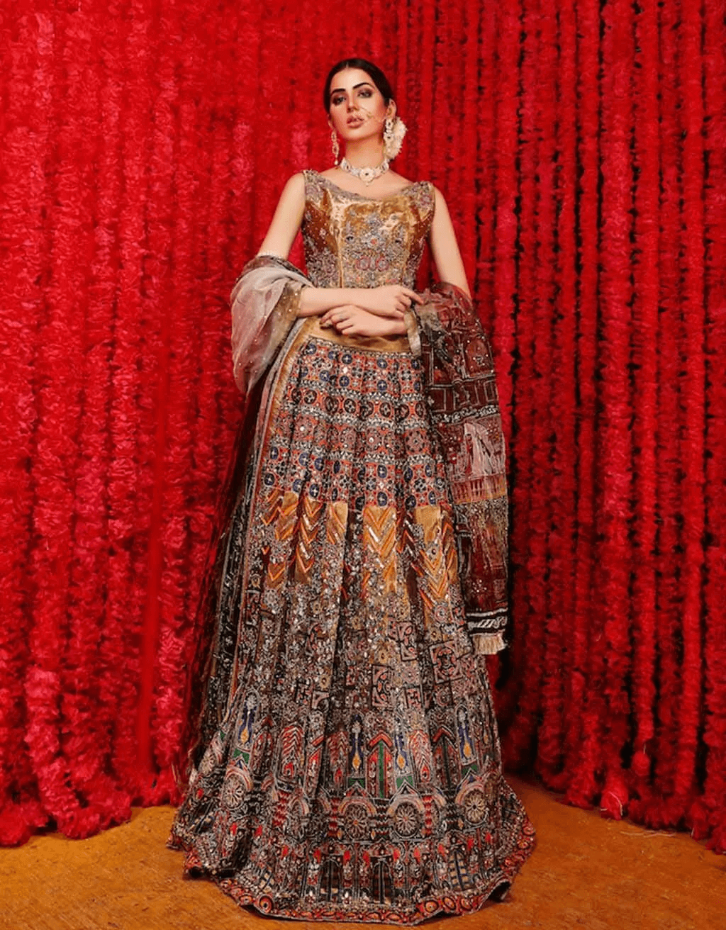 Multicolour Tilla Embroidered Silk Lehenga Choli (3-Piece) - Image 3