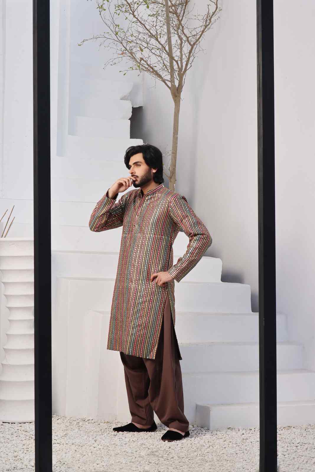 Multicolour Embroidered Striped Kurta with Brown Shalwar (2-Piece) - Image 1