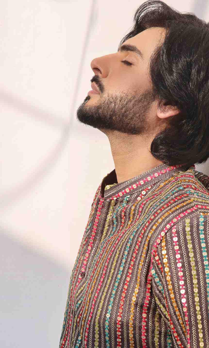 Multicolour Embroidered Striped Kurta with Brown Shalwar (2-Piece) - Image 2