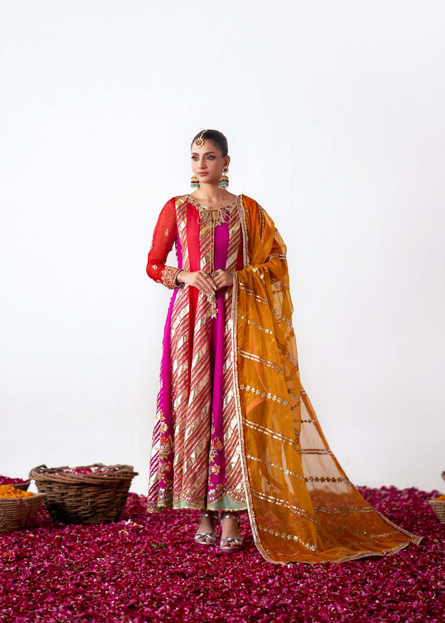 Pakistani Multicolour Embroidered Organza Pishwas Dress (3-Piece) - Image 1