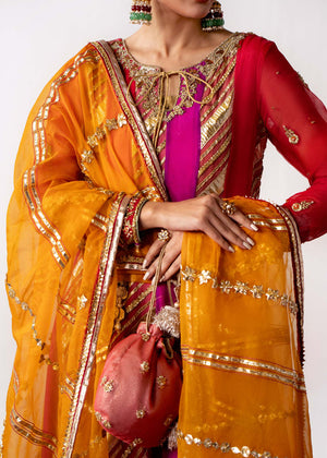 Pakistani Multicolour Embroidered Organza Pishwas Dress (3-Piece) - Image 8