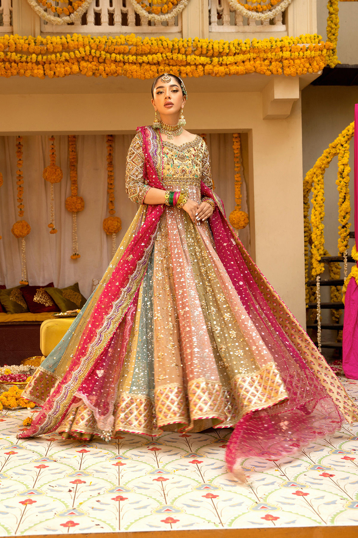 Pakistani Multicolour Zari Net Kalidar Pishwas (2-Piece) - Image 1