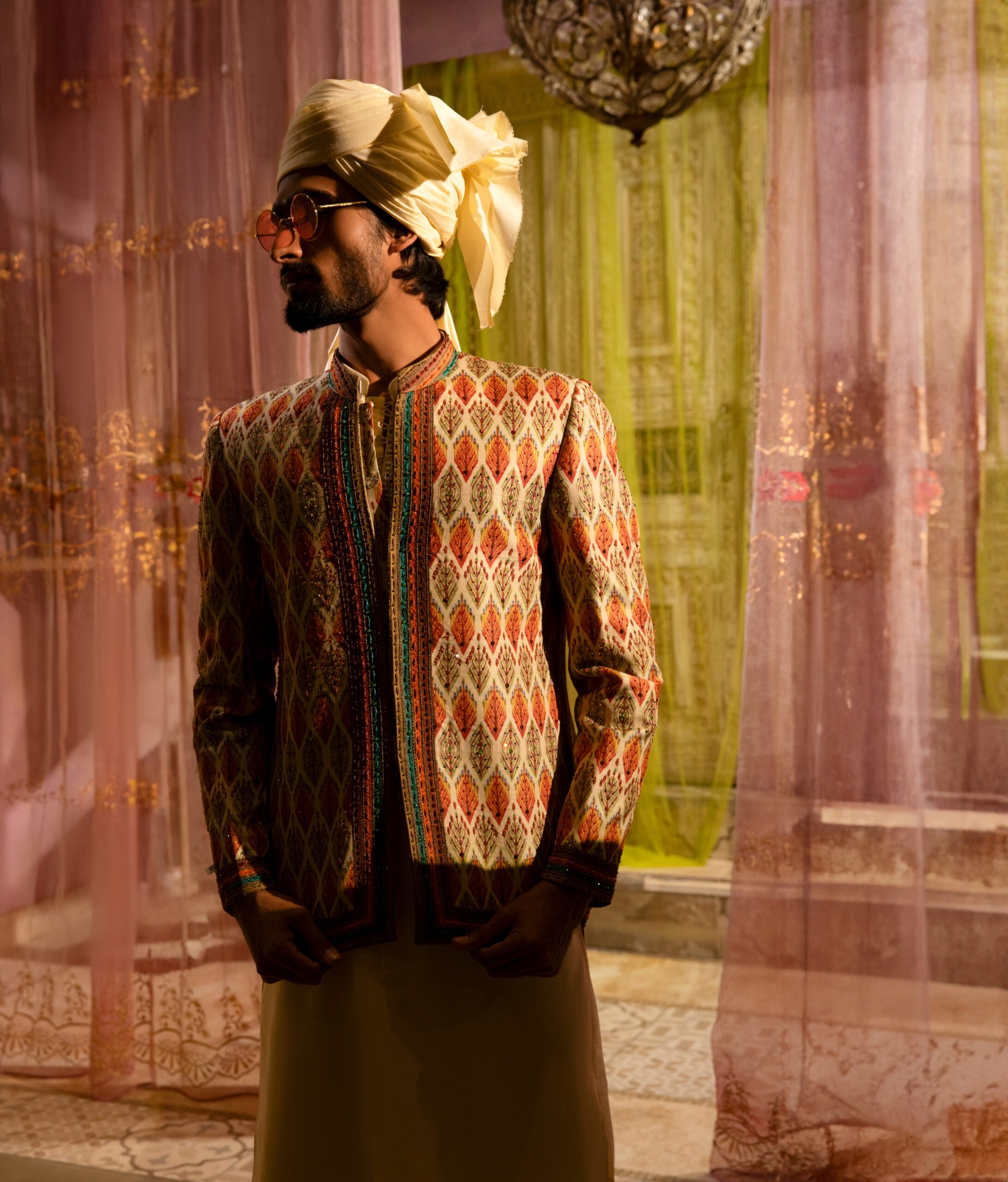 Multicolour Digital Printed Silk-Blend Prince Coat (3-Piece) - Image 2