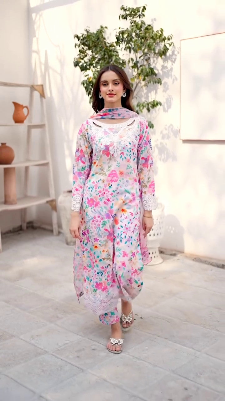 Multi-Colour Embroidered Cotton Kurta Set (3-Piece) - Image 6