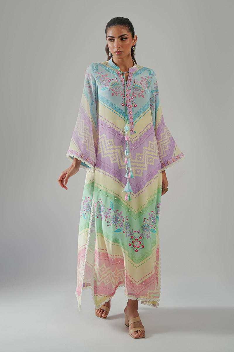 Pakistani Pastel Printed Pure Crepe Long-Cut Kurta (1-Pc) - Image 2