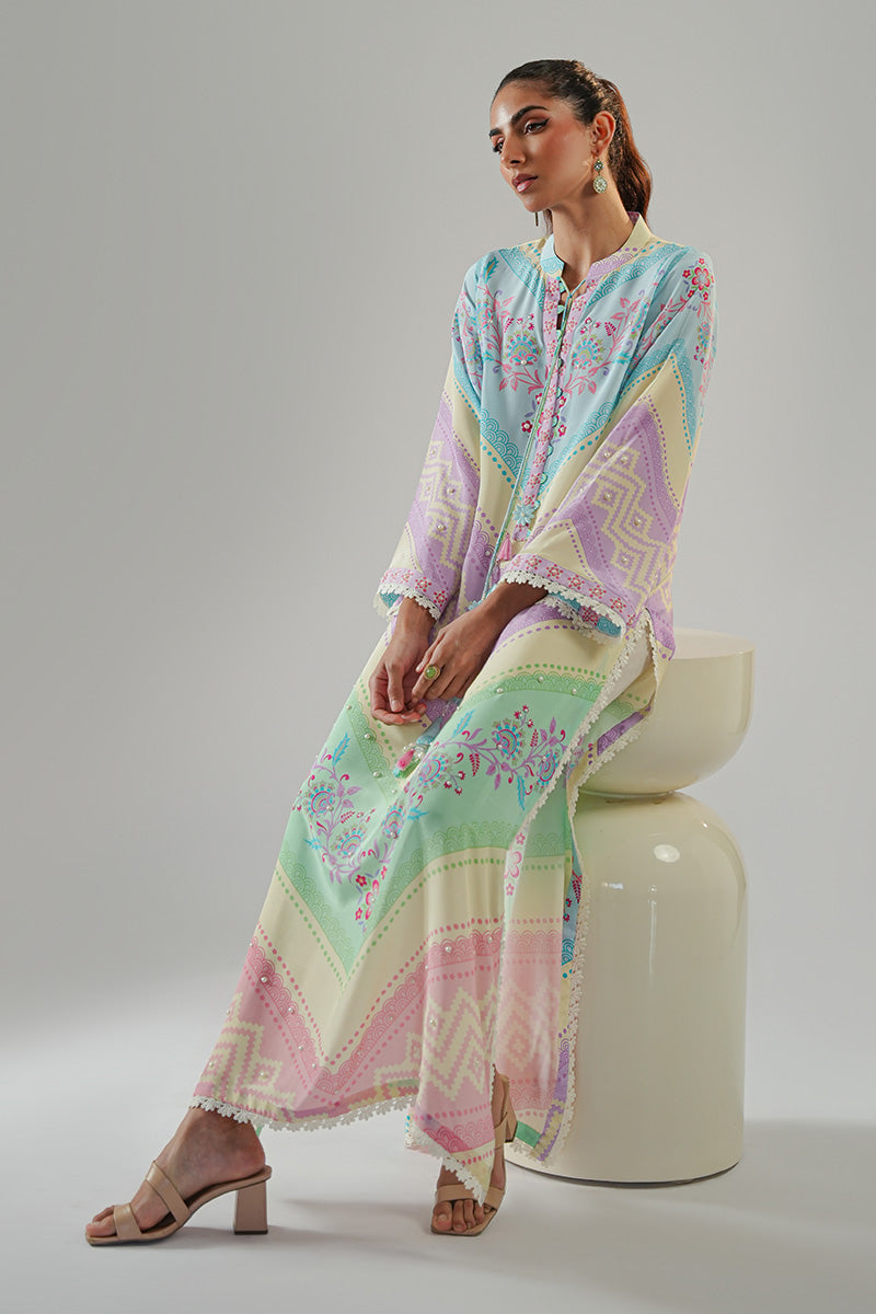 Pakistani Pastel Printed Pure Crepe Long-Cut Kurta (1-Pc) - Image 5
