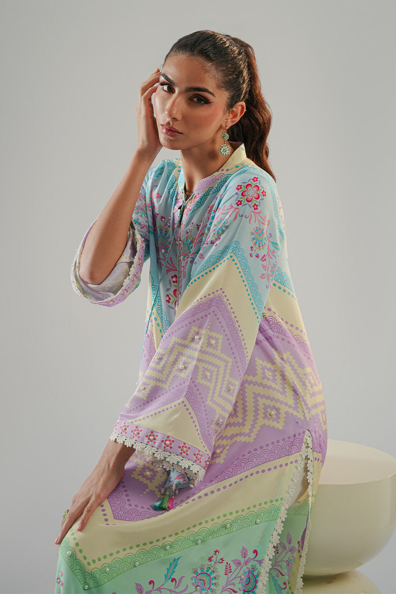 Pakistani Pastel Printed Pure Crepe Long-Cut Kurta (1-Pc) - Image 6