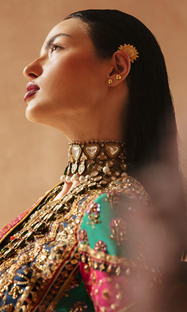 Pakistani Multicolour Gold Handworked Raw Silk Salwar Kameez (3-Piece) - Image 10