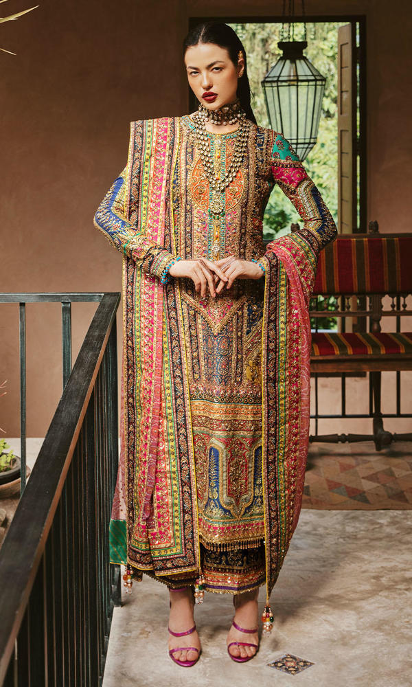 Pakistani Multicolour Gold Handworked Raw Silk Salwar Kameez (3-Piece) - Image 2