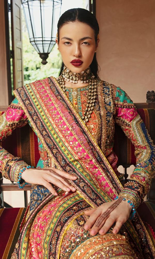 Pakistani Multicolour Gold Handworked Raw Silk Salwar Kameez (3-Piece) - Image 3