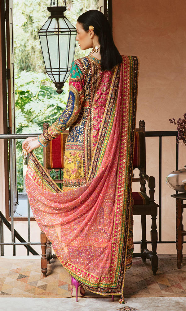 Pakistani Multicolour Gold Handworked Raw Silk Salwar Kameez (3-Piece) - Image 4