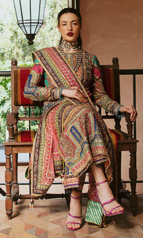 Pakistani Multicolour Gold Handworked Raw Silk Salwar Kameez (3-Piece) - Image 5