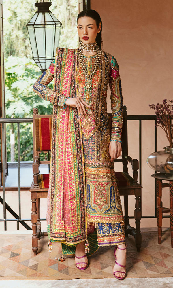 Pakistani Multicolour Gold Handworked Raw Silk Salwar Kameez (3-Piece) - Image 6