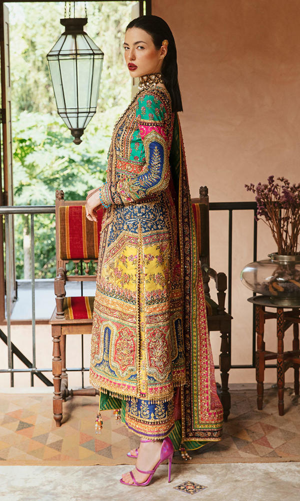 Pakistani Multicolour Gold Handworked Raw Silk Salwar Kameez (3-Piece) - Image 7