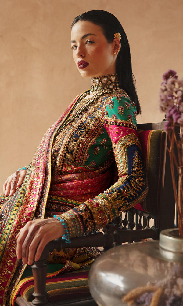 Pakistani Multicolour Gold Handworked Raw Silk Salwar Kameez (3-Piece) - Image 8