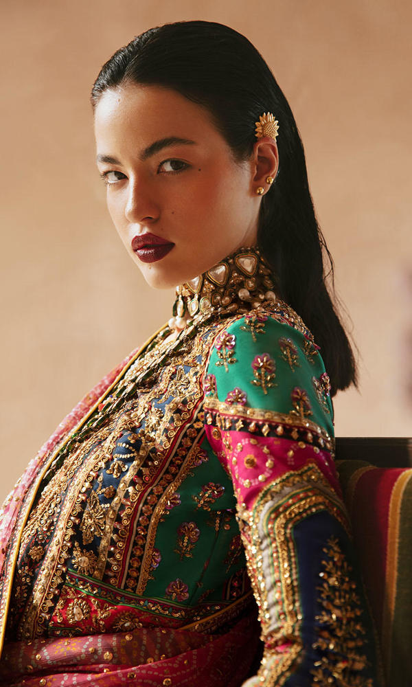 Pakistani Multicolour Gold Handworked Raw Silk Salwar Kameez (3-Piece) - Image 9