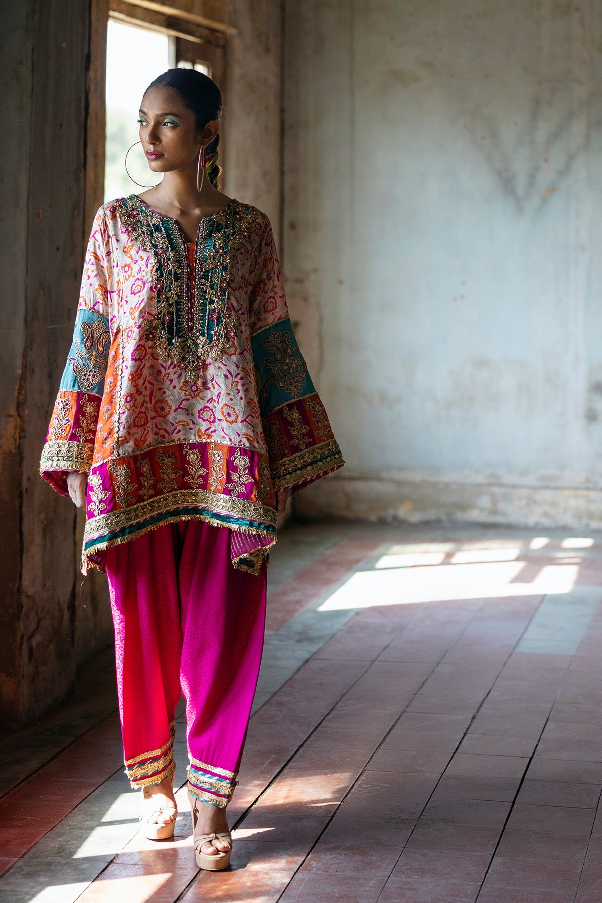 Pakistani Multicolour Embroidered Silk A-Line Shirt & Shalwar (2-Piece) - Image 1