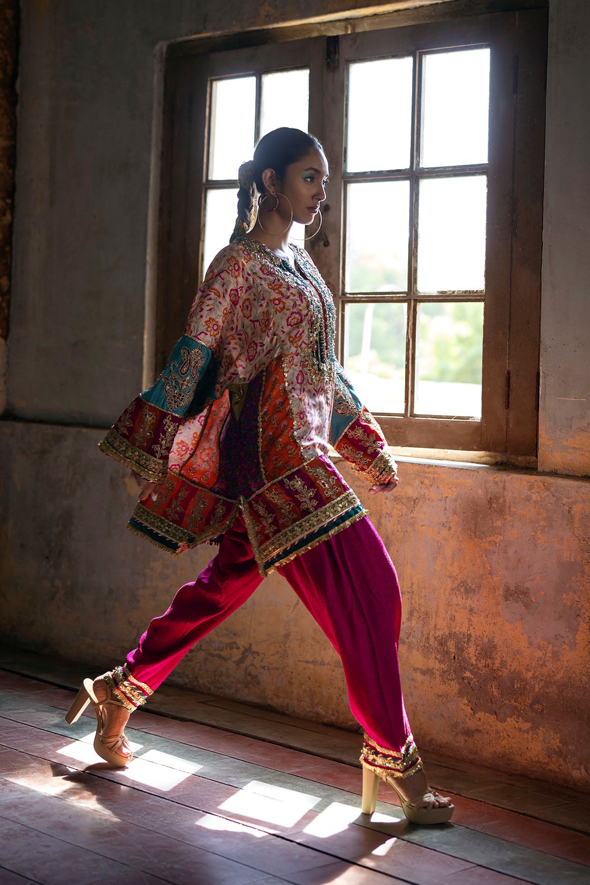 Pakistani Multicolour Embroidered Silk A-Line Shirt & Shalwar (2-Piece) - Image 2