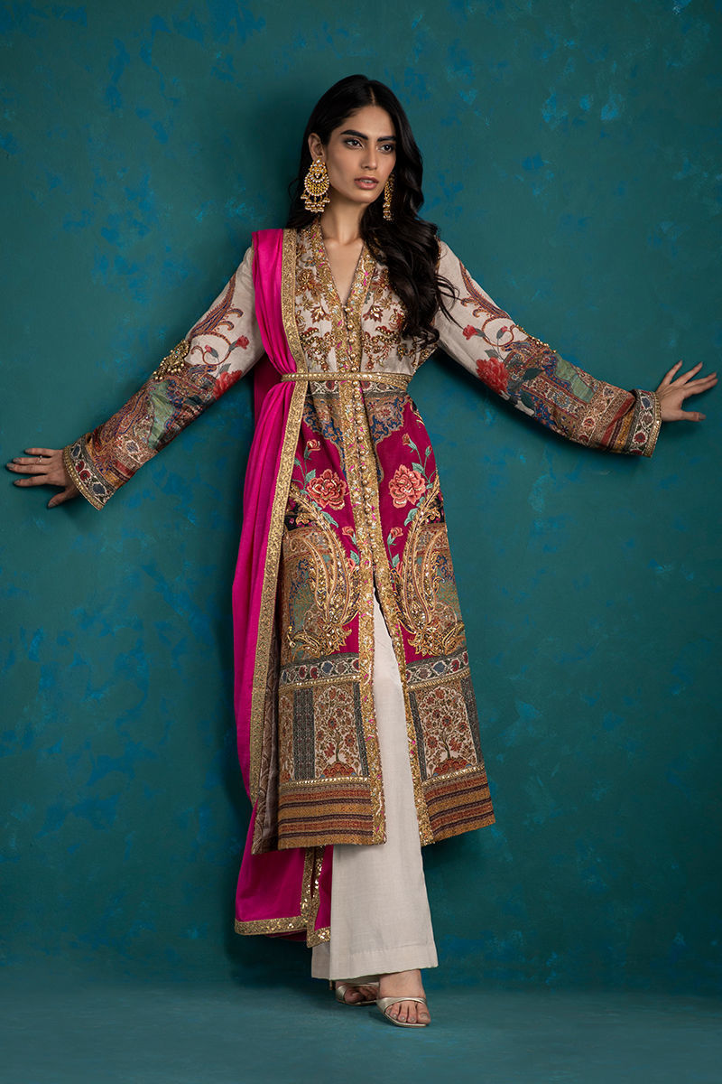 Pakistani Multicolour Zardozi Silk Salwar Kameez (3-Piece) - Image 1
