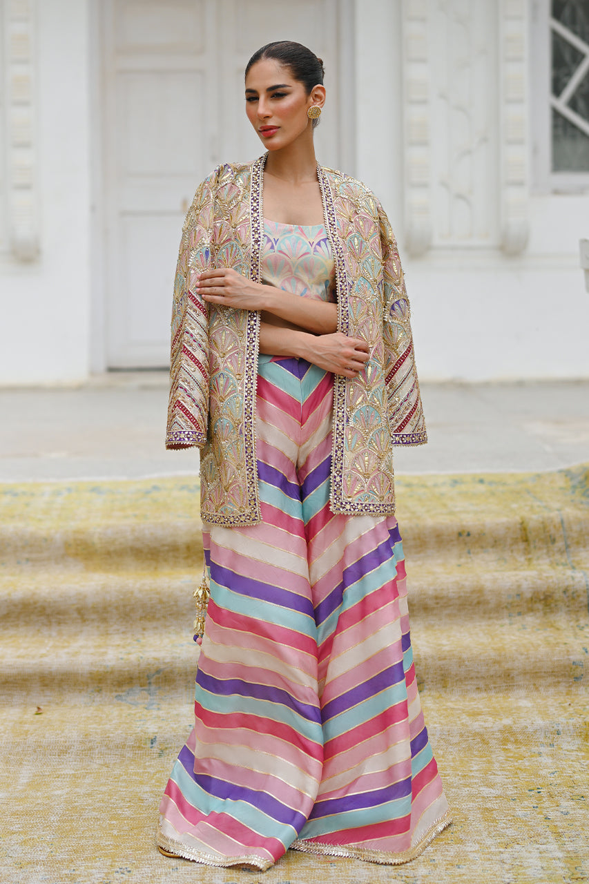 Pakistani Multicoloured Gota Embroidered Khaddi Silk Sharara (3-Piece) - Image 1