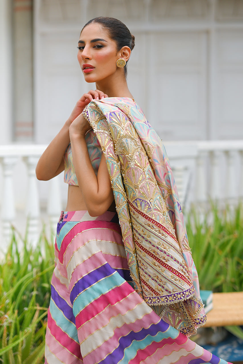 Pakistani Multicoloured Gota Embroidered Khaddi Silk Sharara (3-Piece) - Image 4