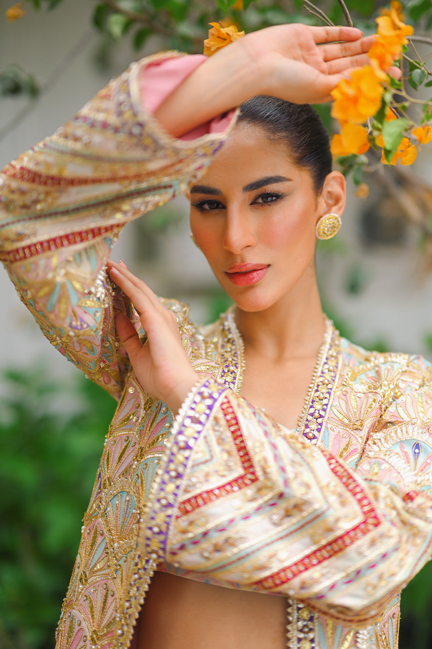 Pakistani Multicoloured Gota Embroidered Khaddi Silk Sharara (3-Piece) - Image 5