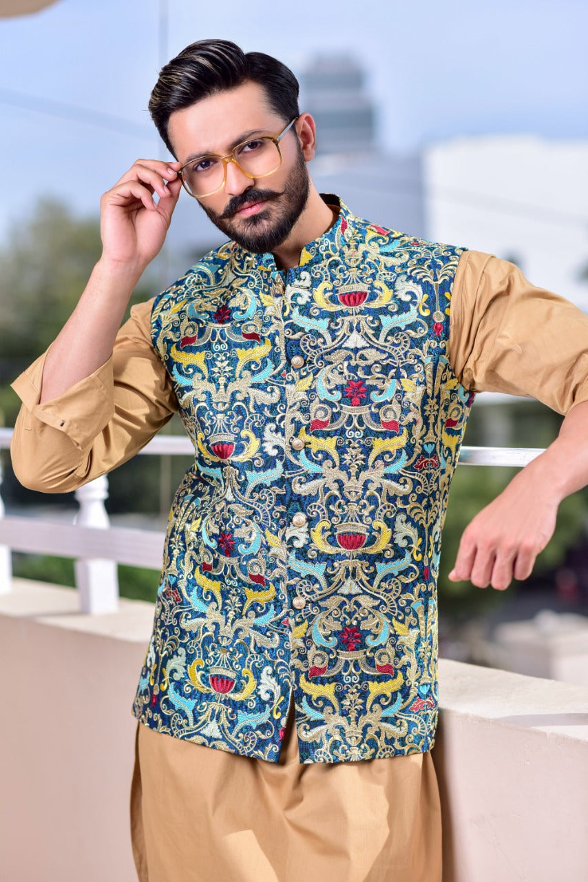 Multi-Coloured Embroidered Jacquard Waistcoat (2-Piece) - Image 1