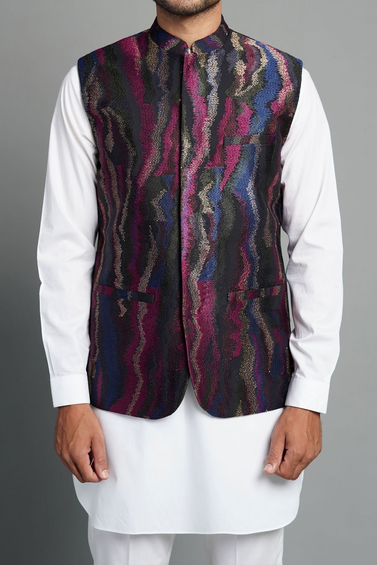 Multi-Colour Embroidered Waistcoat Kurta Set (3-Piece) - Image 1