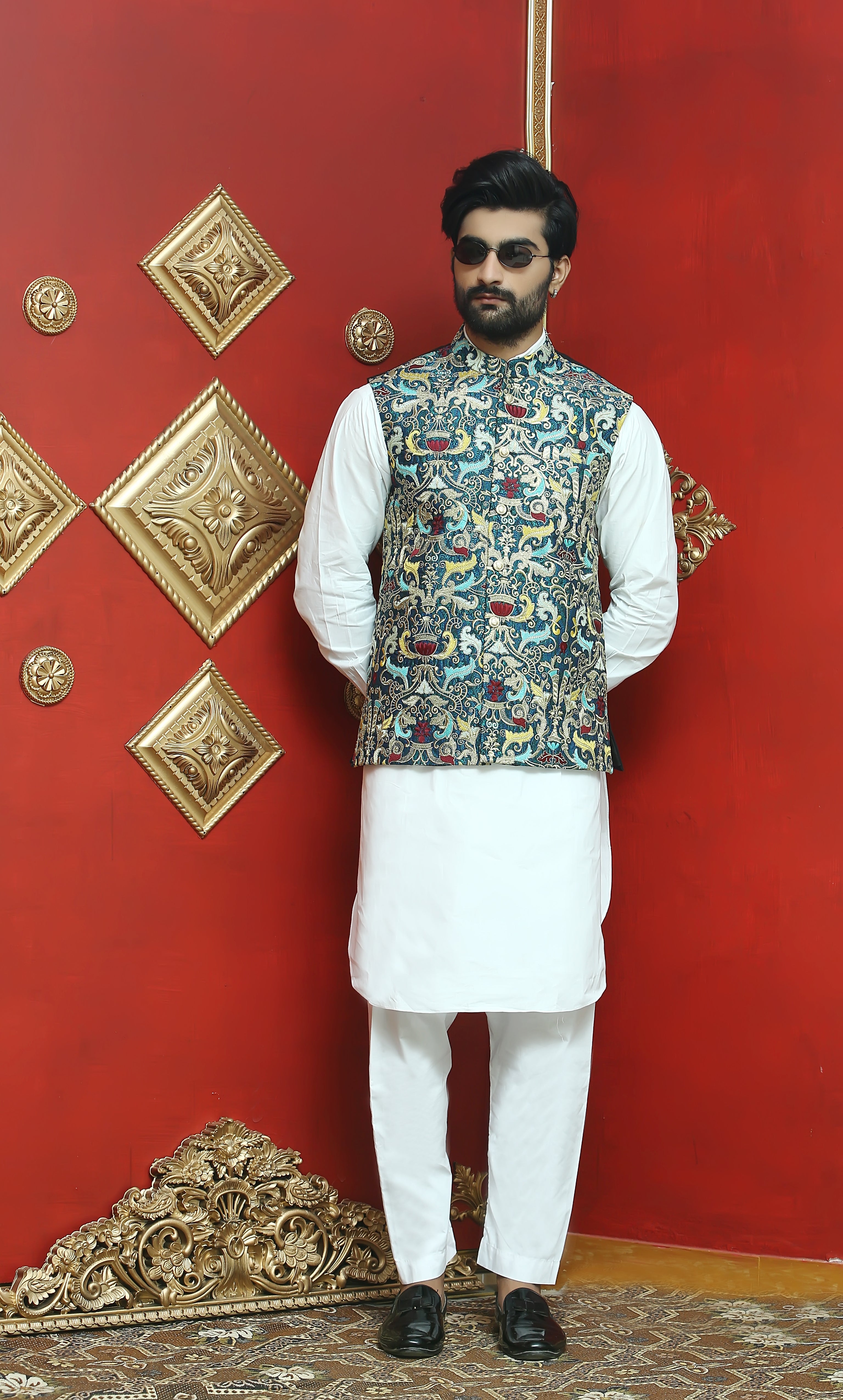 Multi-Coloured Embroidered Cotton-Silk Waistcoat Kurta (3-Piece) - Image 1