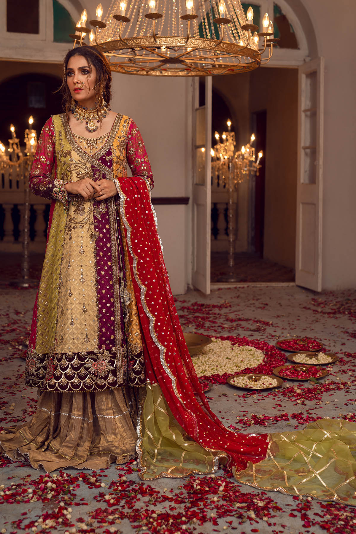 Multicoloured Embroidered Velvet Angharka (3-Piece) - Image 1