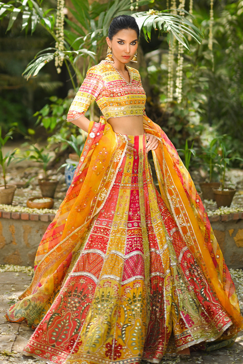 Pakistani Multicoloured Gota Work Khaddi Silk Lehnga Choli (3-Piece) - Image 1