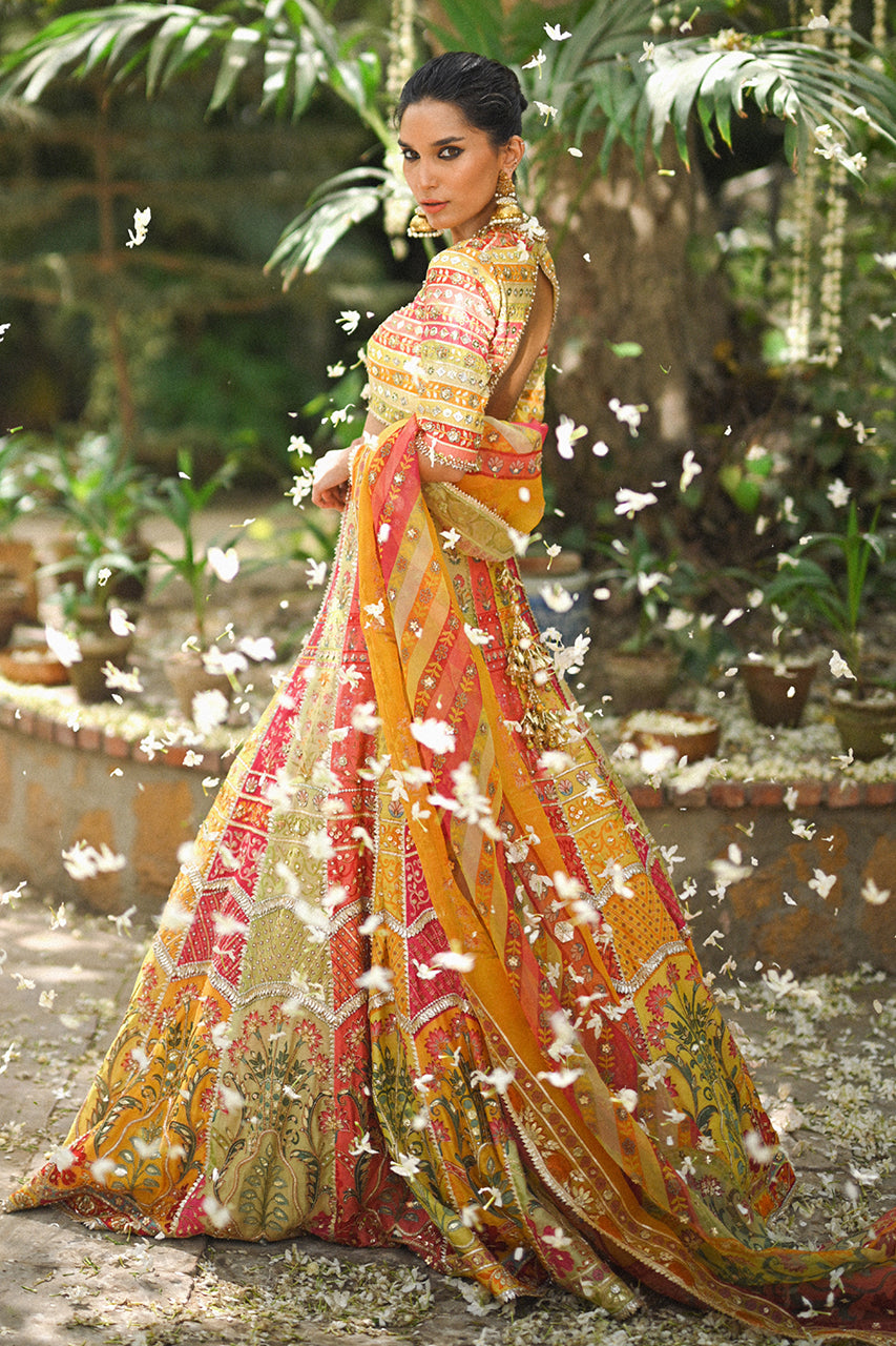 Pakistani Multicoloured Gota Work Khaddi Silk Lehnga Choli (3-Piece) - Image 2