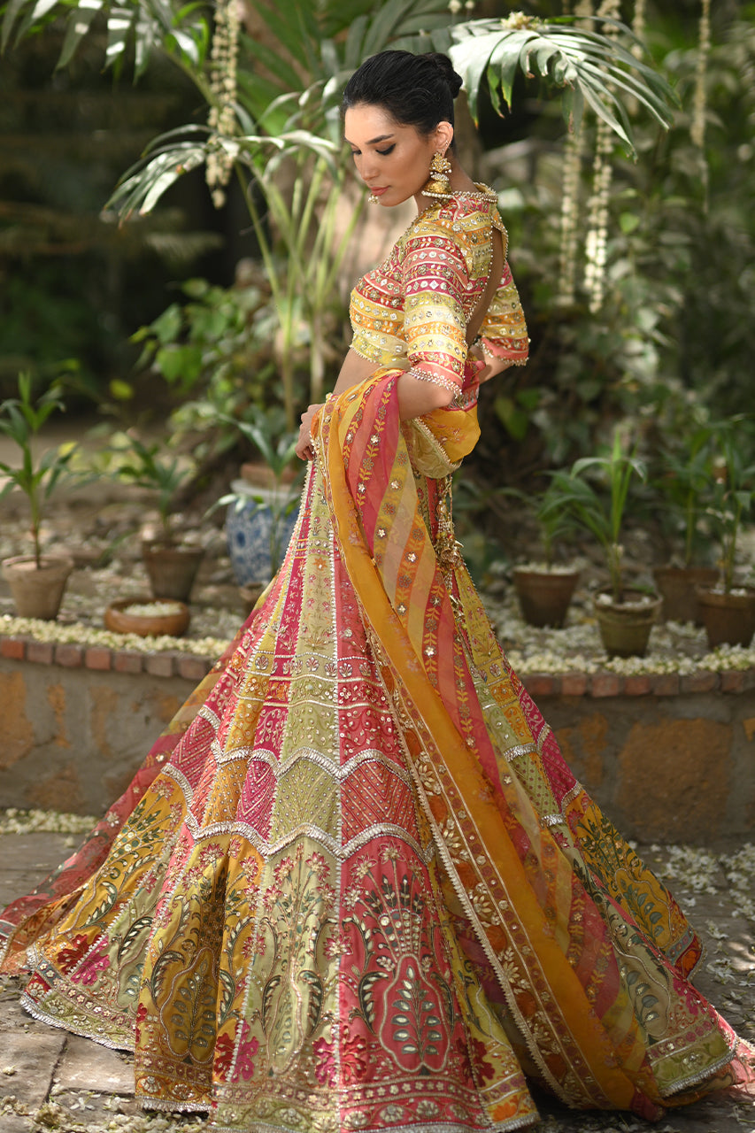Pakistani Multicoloured Gota Work Khaddi Silk Lehnga Choli (3-Piece) - Image 3