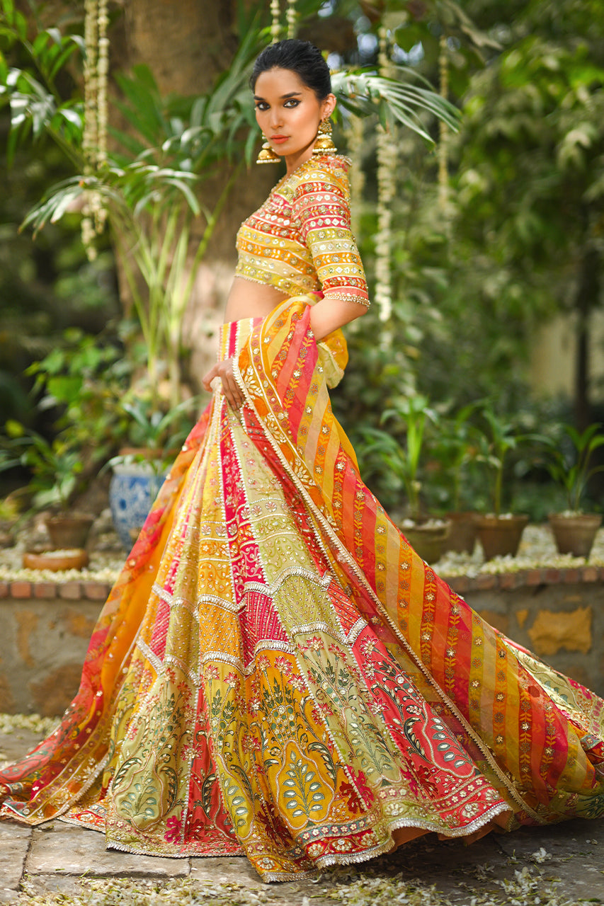 Pakistani Multicoloured Gota Work Khaddi Silk Lehnga Choli (3-Piece) - Image 4