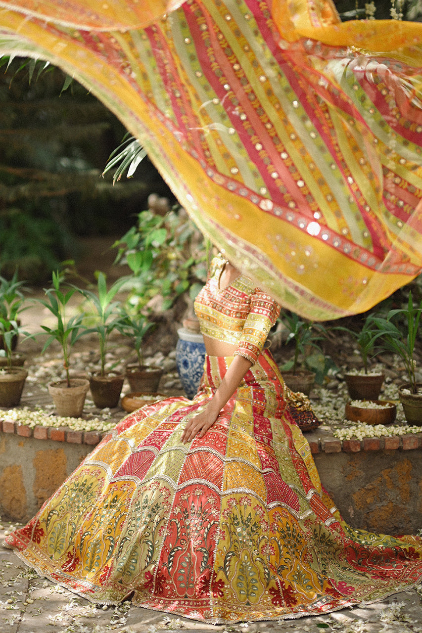 Pakistani Multicoloured Gota Work Khaddi Silk Lehnga Choli (3-Piece) - Image 5