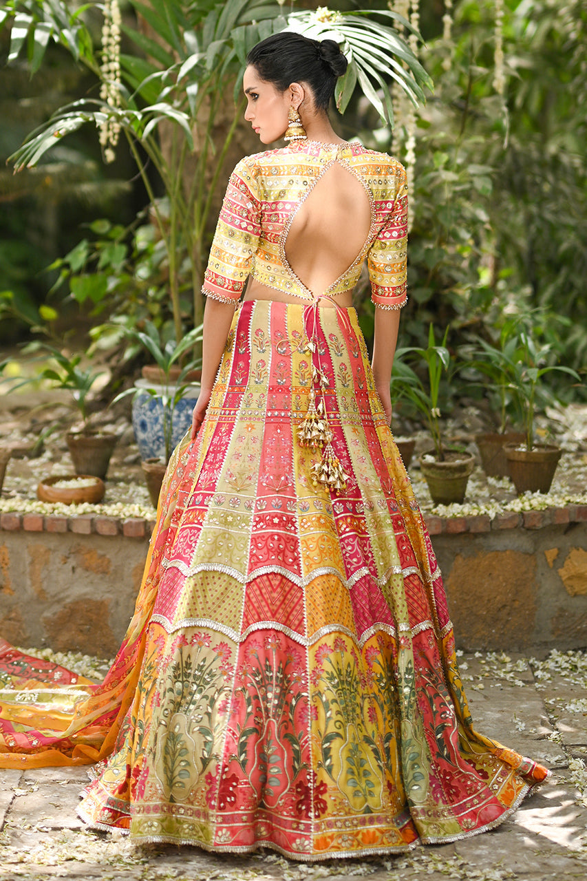 Pakistani Multicoloured Gota Work Khaddi Silk Lehnga Choli (3-Piece) - Image 6