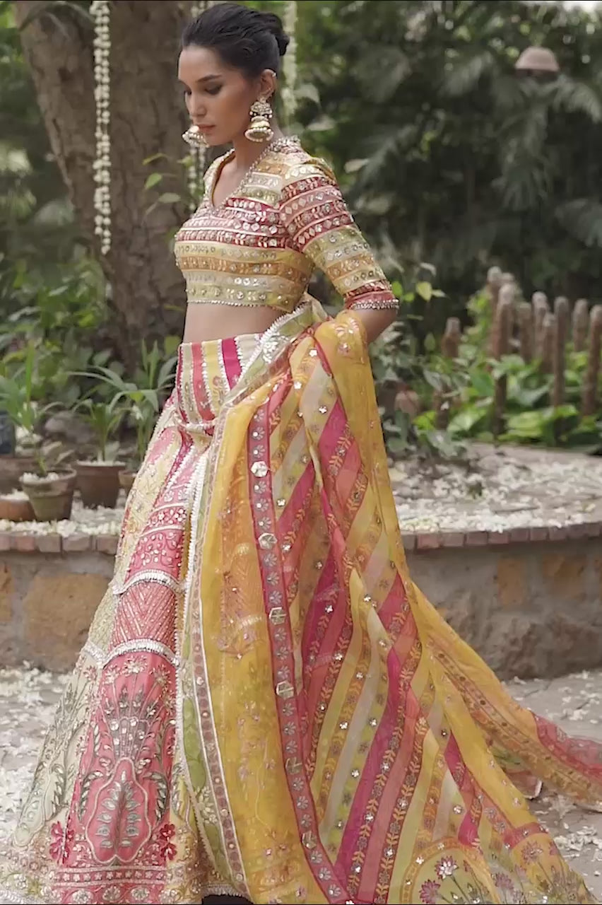 Pakistani Multicoloured Gota Work Khaddi Silk Lehnga Choli (3-Piece) - Image 7