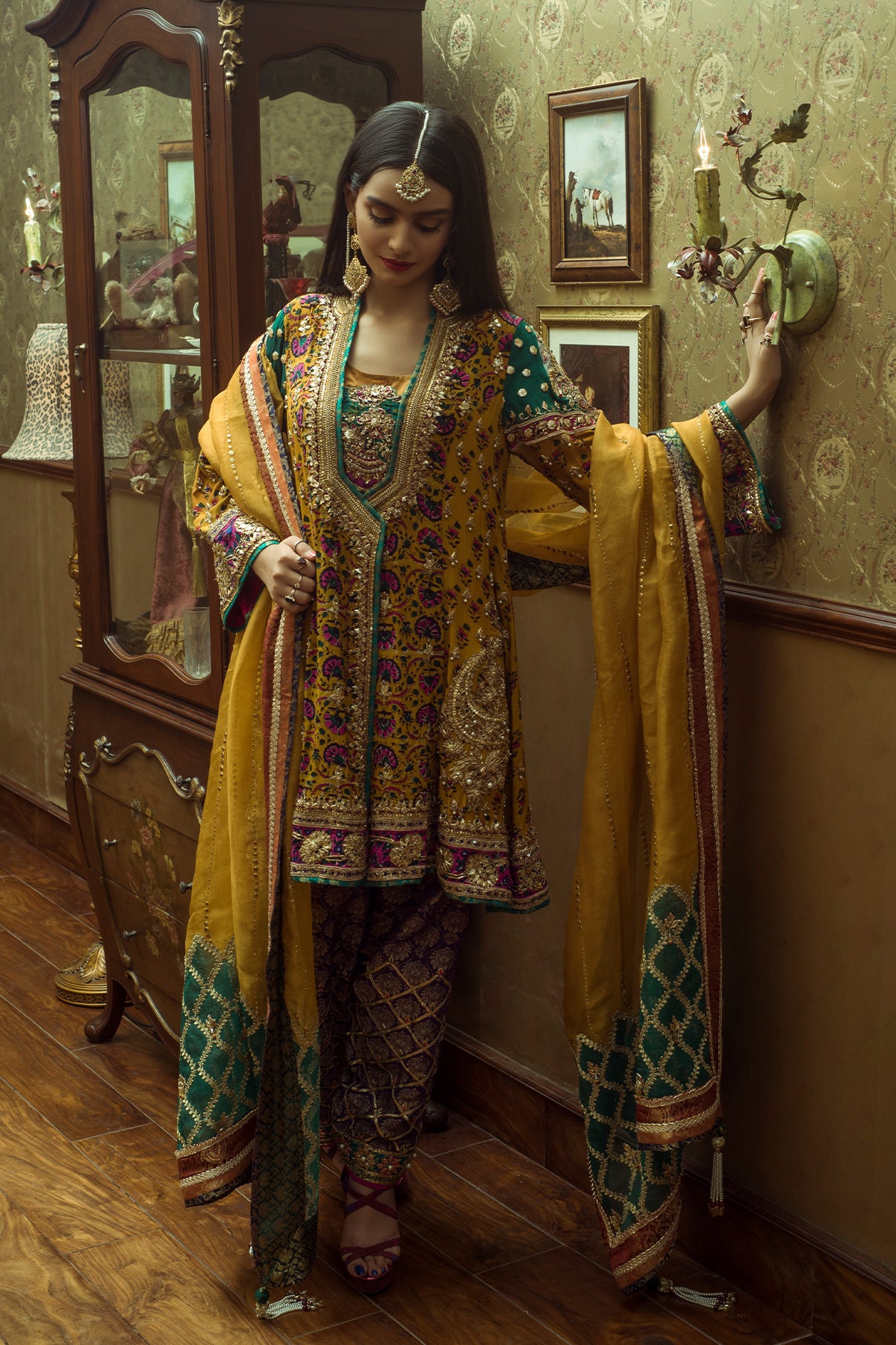 Mustard Embroidered Grip Angrakha Kurta (3-Piece) - Image 1