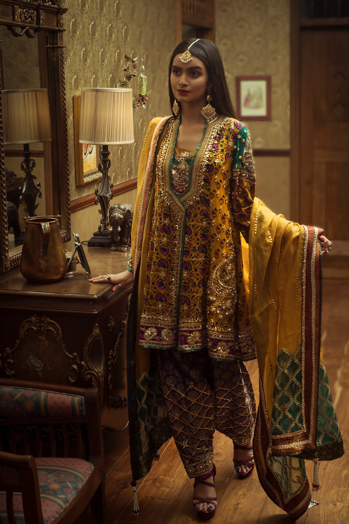 Mustard Embroidered Grip Angrakha Kurta (3-Piece) - Image 2