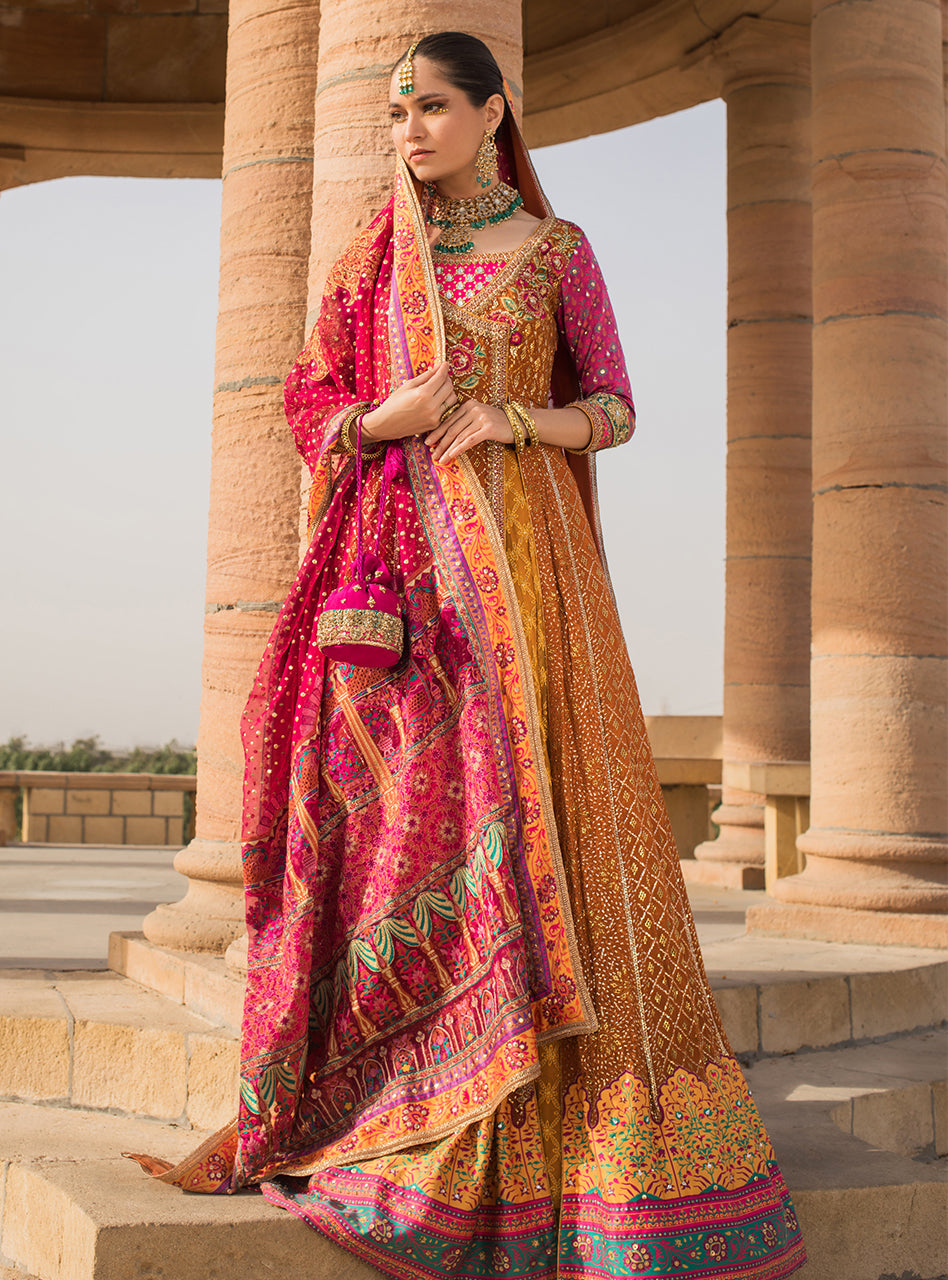 Mustard & Pink Mukesh Embroidered Chiffon Anarkali (3-Piece) - Image 1